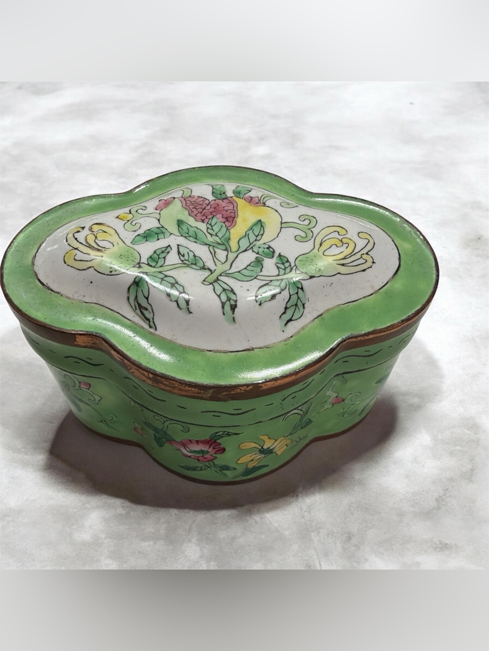 Vintage Cloisonne Enamel & Brass trinket box with lid‎ green floral unique shape